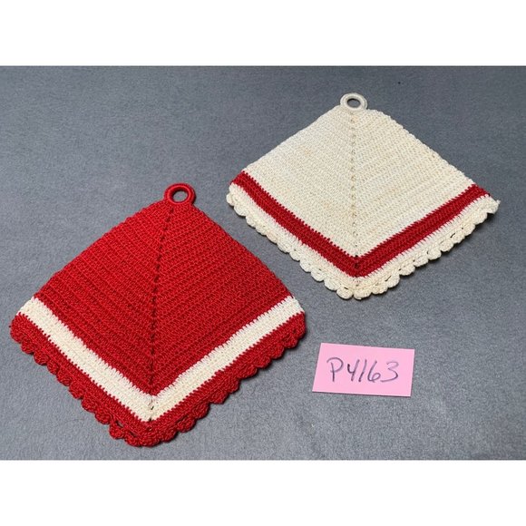 Vintage Handcrafted Crochet Potholders Set of 2 Red & Cream 1960s - Picture 6 of 6